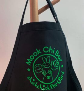 Custom printed full apron, Mook Chi Bar, by Overflow Print