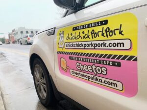 Vehicle magnet, chickchick PorkPork and Cheetos, printed by Overflow Print