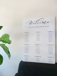Foam board welcome seating chart printed by Overflow Print