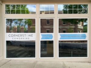 Perforated window vinyl graphics printed by Overflow Print, Cornerstone Coworking