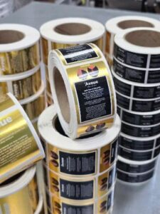Custom roll labels on gold foil stock, Avoue, printed by Overflow Print
